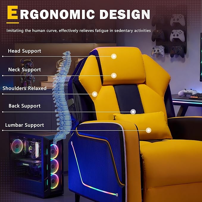Gaming Recliner Chair with LED Lights Racing Style Big and Tall PU Leather Gaming Chair for Adults Lumbar Support Modern Ergonomic Comfortable Home Theater Seating for Living Room (Yellow)