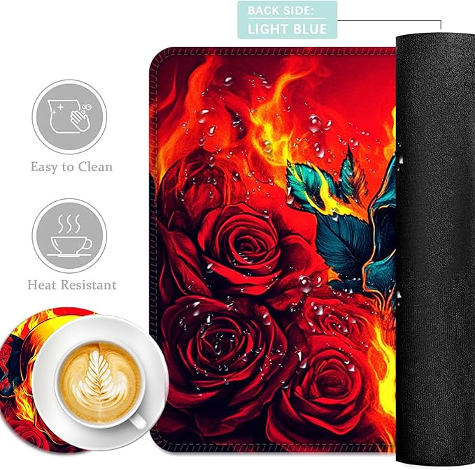 Keyboard Mouse Pad Set Extended Gaming Mouse Pad+Ergonomics Keyboard Wrist Rest Support Memory Foam Easy Typing Pain Relief 4Pcs XL Ultra Thick Desk MatFlaming Skulls and Roses