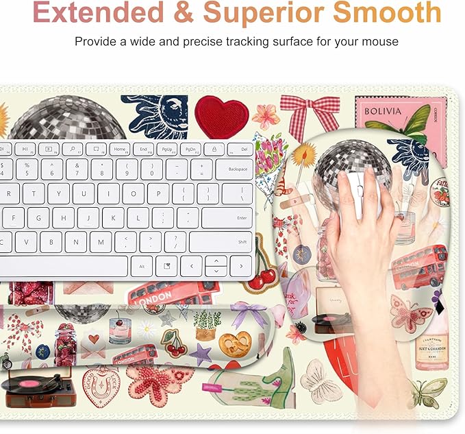 Beige Mouse Pad with Wrist Support 4 in1 Set XXL Big Game Mousepad + Keyboard Wrist Rest + Mouse Wrist Rest Pad +Coaster Gaming Mat for Home Office Work Computer I Cute Design Stickers