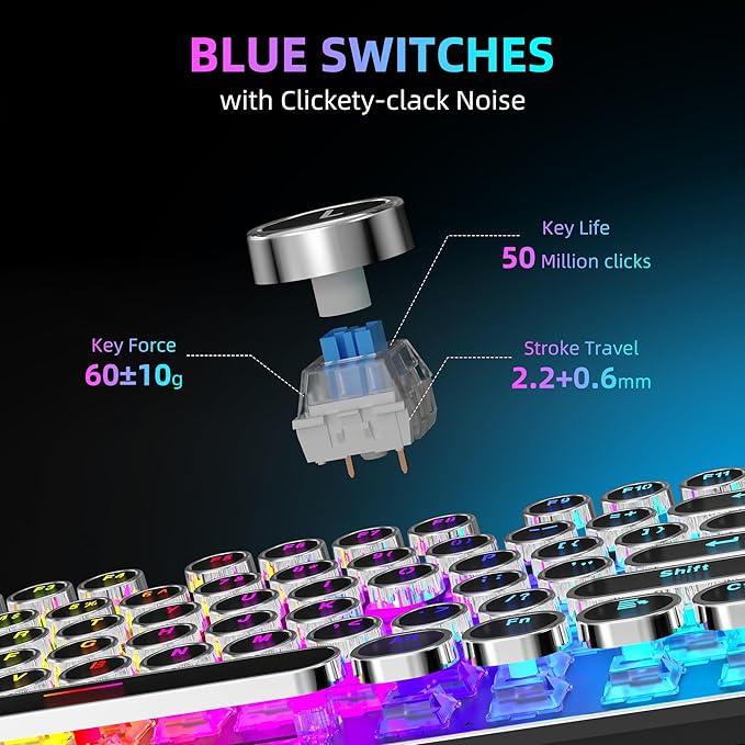 K968 Retro Typewriter Mechanical Gaming Keyboard - RGB Backlit Wired with Blue Switches Media Control Knob for PC