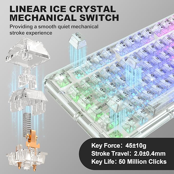 Transparent Mechanical Keyboard RGB Backlit Wireless Creamy Gaming Keyboards Hot Swap Customizable Clear Acrylic Design 80-Key Quiet Linear Switches 3 Modes BT5.0/2.4G/USB-C 4000mAh Battery White