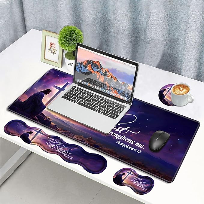 4 in 1 Ergonomic Memory Foam Mouse Pad Wrist Rest Set Large XXL Gaming Desk Pad + Keyboard Wrist Rest + Mouse Wrist Cushion + Coaster for Home Office Study Gaming Bible Verse Philippians 4:13