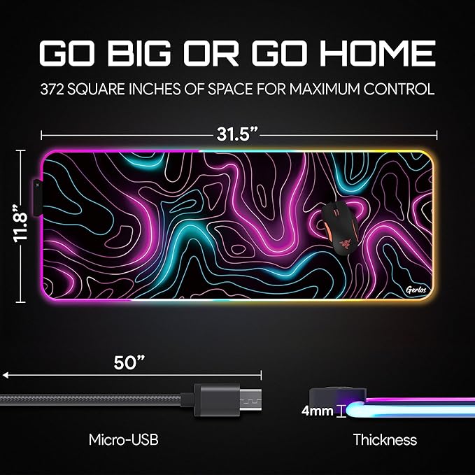Gerlos RGB Large Gaming Mouse Pad Extended Soft LED Mouse Pad Non-Slip Rubber Base Water Resist Keyboard Pad Computer Mousepad 31.5×11.8 inches