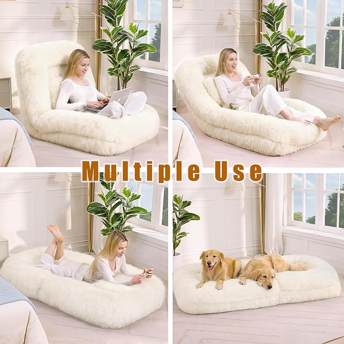 Floor Chair with Back Support Human Dog Bed with 5 Adjustable Position Convertible Lazy Floor Lounger Comfy Gaming Chair Plush Folding Sofa Bed for Adult Living Room Bedroom Cream Beige