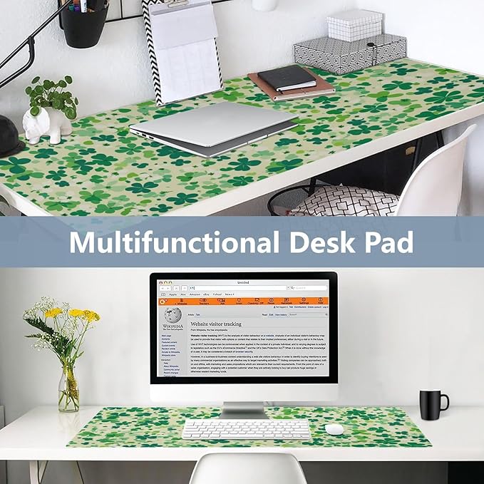 Mouse Pad Desk Mat Leather Desk Pad Large Gaming Desk Cover Protector Mat for Keyboard Computer Laptop Office Waterproof 35.4 x 16.5 Inch Saint Patricks Green Clovers