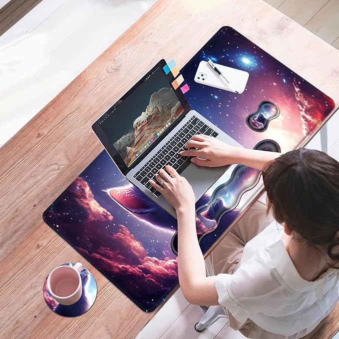 Mouse PadLarge Desk Mat Set 4in1 XL Mousepad + Keyboard Wrist Rest+Mouse Wrist Rest+Coaster with Ergonomic Desk Pad for Home Office Table Computer Cover -Cat Looking at Starry Sky