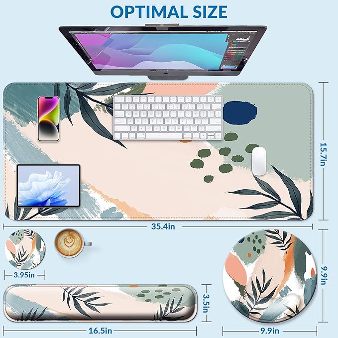 Desk Mat Set + Keyboard and Mouse Pad with Wrist Rest Support4-in-1 Large Mousepad Computer Mats for Desktop Home &amp Office-Leaves 2