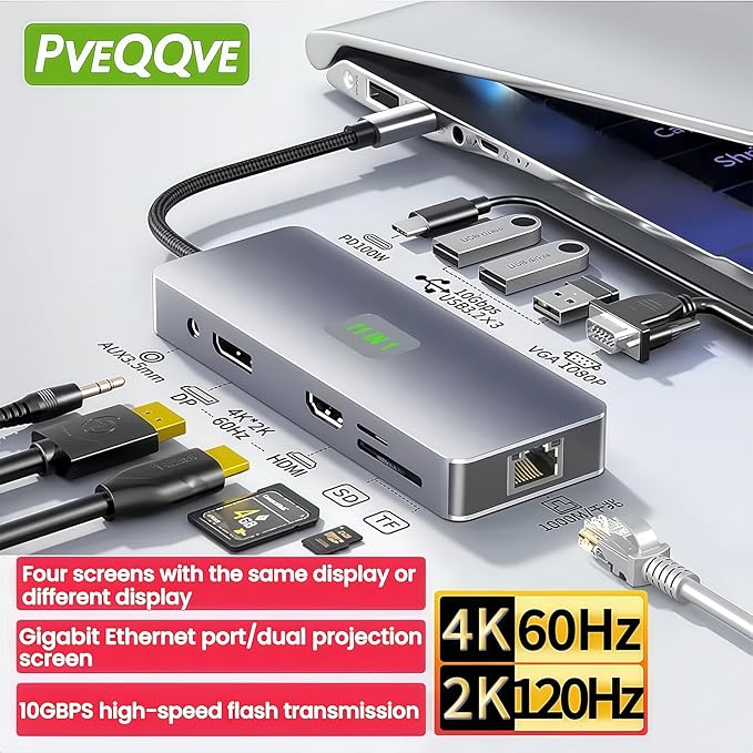 Laptop Docking Station Dual Monitor HDMI Docking Station 3 Monitors HDMIUSB C Hub Multiport Adapter with DP and VGA10Gbps USB 3.2100W PD Charging Gigabit Ethernet SD/TF for Mac Dell HP Lenovo
