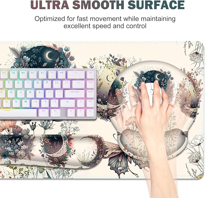 Large Desk Mat Cute Boho Plants Mouse Pad Apricot Desk Pad XXL Mousepad + Keyboard Wrist Rest+Mouse Wrist Rest+Coaster Desk Pad for Girl Women Home Office Decor Aesthetics Floar Butterfly Moon