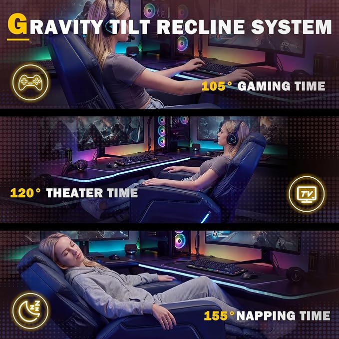 Gaming Recliner Chair with LED Lights Racing Style Big and Tall PU Leather Gaming Chair for Adults Lumbar Support Modern Ergonomic Home Theater Seating for Living Room (Black Ste of 2)