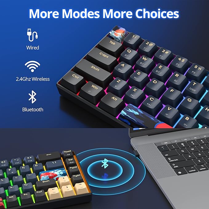 surmen GT68 65% Wireless Mechanical Gaming Keyboard 60 Percent RGB Hot-Swappable 68-Key Compact Keyboard Bluetooth5.0/2.4G/USB with Yellow Switch (Yellow Switch Blue Samurai 68)
