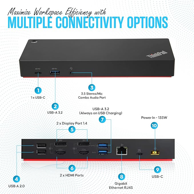 40AF0135US Lenovo Docking Station Dual Monitor Hybrid USB-C with USB-A - Thinkpad Dock with 135W Adap TER HDMI DisplayPort USB C Cable &amp Cleaning Cloth - Thinkpad Docking Station