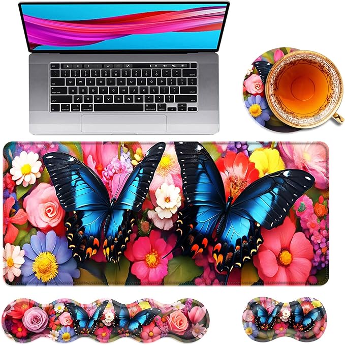 Large Mouse Pad and Keyboard Wrist Rest Desk Pad for Keyboard and Mouse 4-in-1 Large Gaming Mouse Pad with Wrist Support Desk Mat for Home Office Study GameColorful Butterfly and Flower