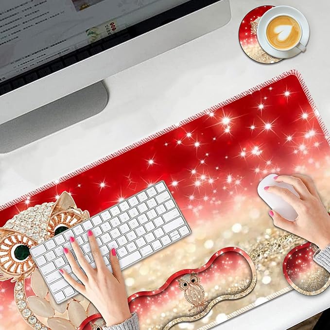 Large Mouse Pad Set Desktop Mouse Pad + Keyboard Wrist Pad + Mouse Wrist Pad + Coaster Ergonomic Memory Foam Multi-functional Desk Mat - Owl on Pink Background