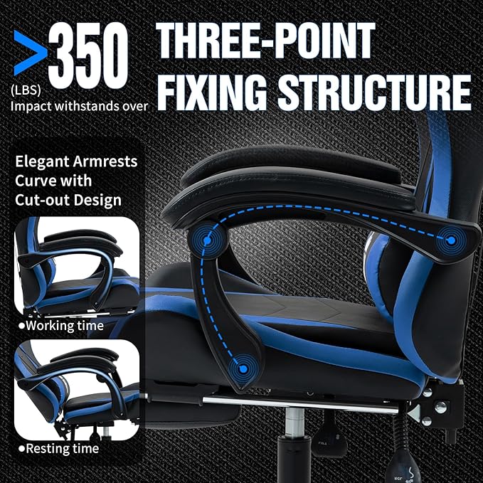 Gaming Chair with Footrest Ergonomic Computer Chair for Adult Adjustable Headrest Lumbar Pillow Large Size Reclining Gaming Chair Big and Tall with Linkage Armrest for Home Office Gaming (Blue)