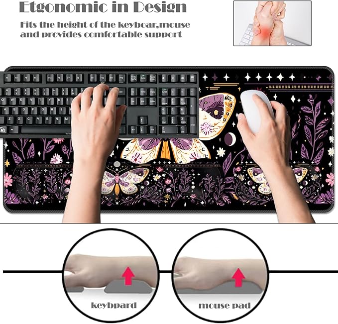 Ergonomic Keyboard Wrist Rest &amp Mouse Pad Wrist Rest SetXL Gaming Desk Mat 31.5x 11.8Non-Slip BaseMemory FoamEasy Typing Pain Relief for Office &amp HomePurple Floral Moth