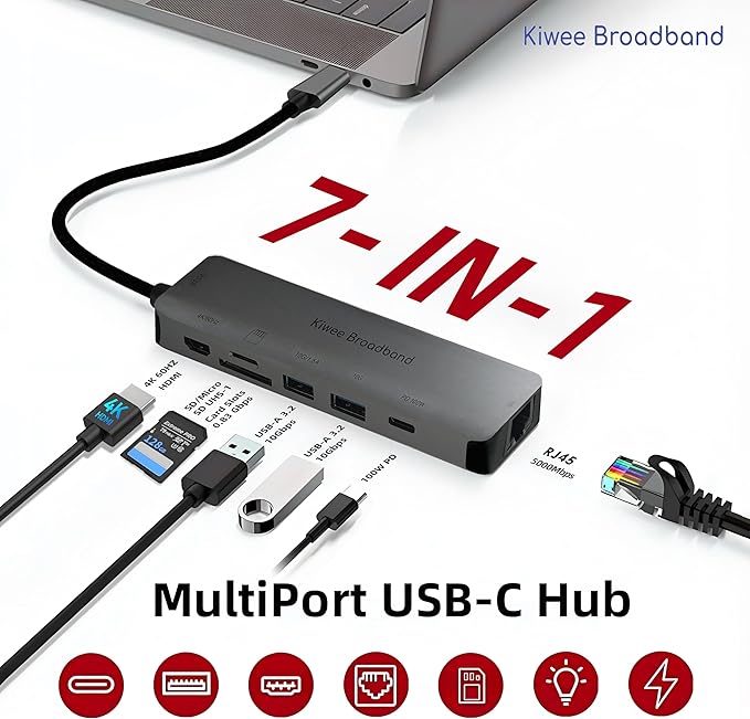 Kiwee Broadband 7-in-1 USB-C Hub with 5Gbps Ethernet 100W PD Charging 4K HDMI 2 USB-A 3.2 Ports SD/MicroSD Card Reader Universal Dock for MacBook Windows Laptop iPad Chromebook (KB-USBC-5GH7)