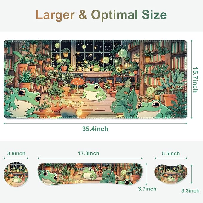 Large Gaming Mouse Pad Set 4 in 1 Ergonomics Keyboard Desk Mat with Memory Foam Wrist Rest Computer PC Extended Game Mousepad Non-Slip Desk Matt Easy Typing Pain Relief I Frog &amp Mushroom