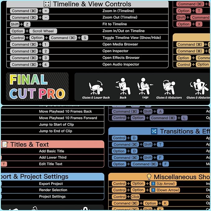 Final Cut Pro Shortcuts Mouse pad Extra Large Size Keyboard Shortcut Mat for PC Large Gaming Desk Mat Mousepad Stitched Edges Non-Slip Rubber Base Mouse Pads for Computers Laptop