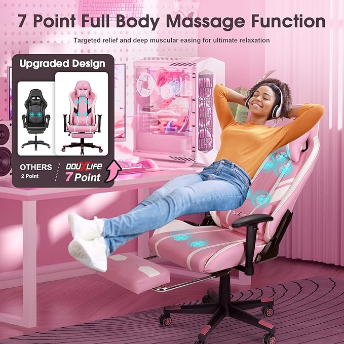 Douxlife 7-Point Massage Gaming Chair with Footrest 400lbs Heavy Duty Ergonomic Computer Chair 175° Reclining High Back Racing Seat for Adults with Adjustable Armrests &amp Lumbar Support Pink