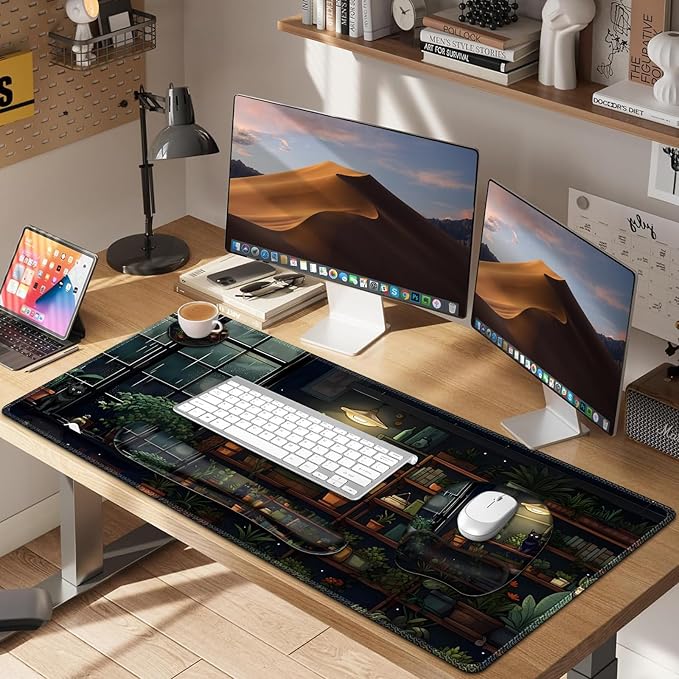 Aesthetic Green Plant Books Mouse Pad with Wrist Support 4 in1 Set XXL Big Game Mousepad + Keyboard Wrist Rest + Mouse Wrist Rest Pad +Coaster Gaming Mat for Work Study I Japanese Anime Lofi Cat