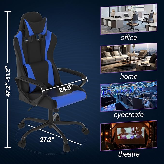 Gaming ChairSwivel Rolling Gaming Chair for AdultsErgonomic PC Gaming Chair BlueHeight Adjustable Computer ChairPU Leather Computer Chair with Headrest and Lumbar Support