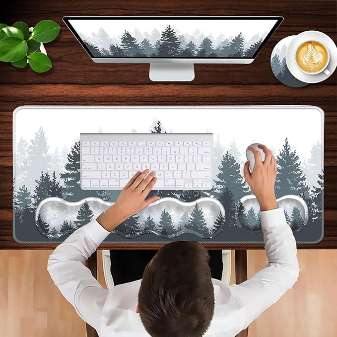 Keyboard Wrist Rest and Mouse Pad with Wrist Support Set Ergonomic CoasterMemory FoamEasy Typing Pain ReliefLarge XL Desk Mat 31.5x 11.8Misty Forest Tree