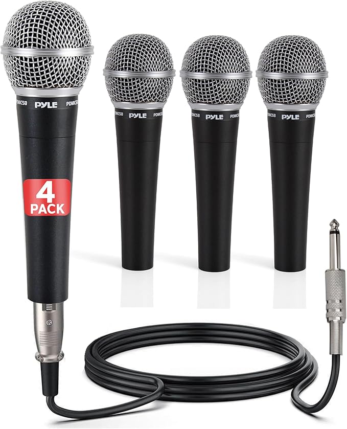 Pyle Professional Dynamic Microphone - 4-Pack Unidirectional Handheld Mic with Built-in Pop Filter High Signal Output 15 ft. XLR Audio Cable Ideal for Stage Karaoke &amp Studio Performances
