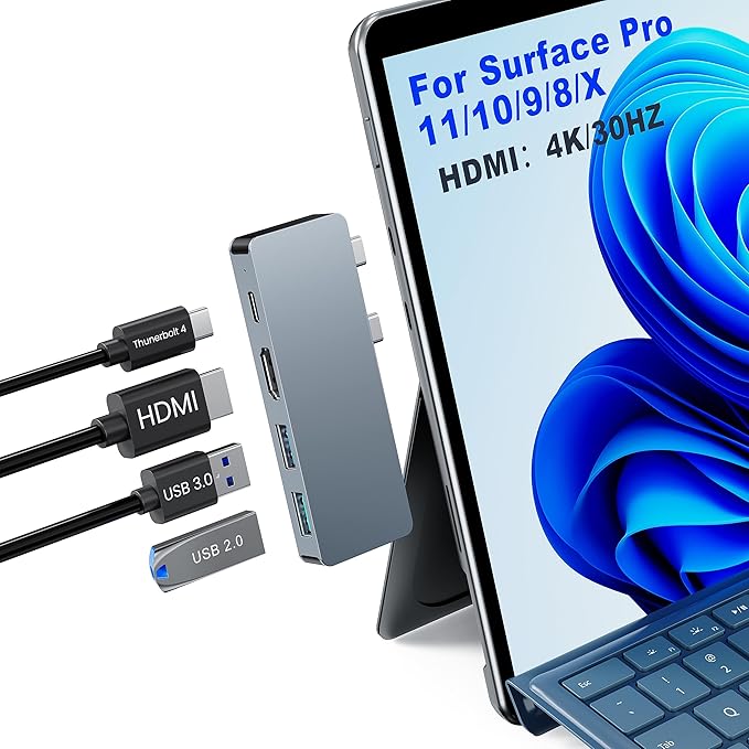 Surface Pro 11 Hub Adapter Microsoft Surface Pro 9/10/11/X Docking Station with 4K HDMI USB C Thunderbolt 4(8K Display+40Gbps Data+100W PD) USB 3.0/2.0 - USB C Hub Adapter for Surface Pro 11/10/9/X