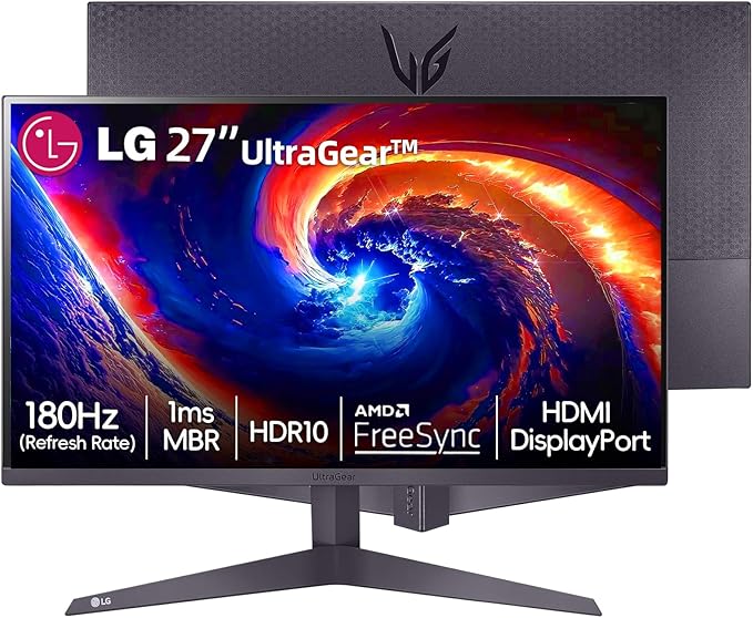 LG 27 FHD (1920 x 1080) Ultragear Monitor 180Hz 1ms MBR HDR10 AMD FreeSync Enhanced Gaming GUI HDMI DisplayPort 3-Side Virtually Borderless Design Wall Mountable Tilt Adjustable Black