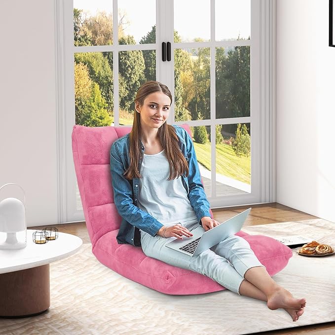 MAT EXPERT Floor Chair with Back Support Floor Gaming Chair w/ 14 Adjustable Position Soft Coral Fleece&ampAlloy Steel Frame Foldable Padded Lazy Couch Recliner for Meditating (Pink Large)