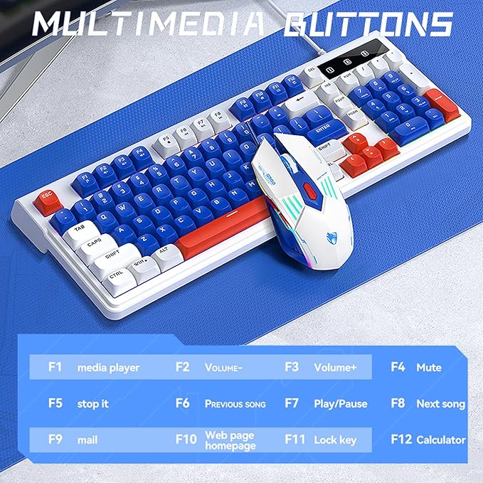 Wired Gaming Keyboard and MouseRainbow LED Mechanical Feeling Gaming Keyboard and 3600DPI Mouse Combo with 19-Keys Anti-Ghosting 98keys Compact StylePlug &amp Play to PCLaptopWindows-Blue and Wh