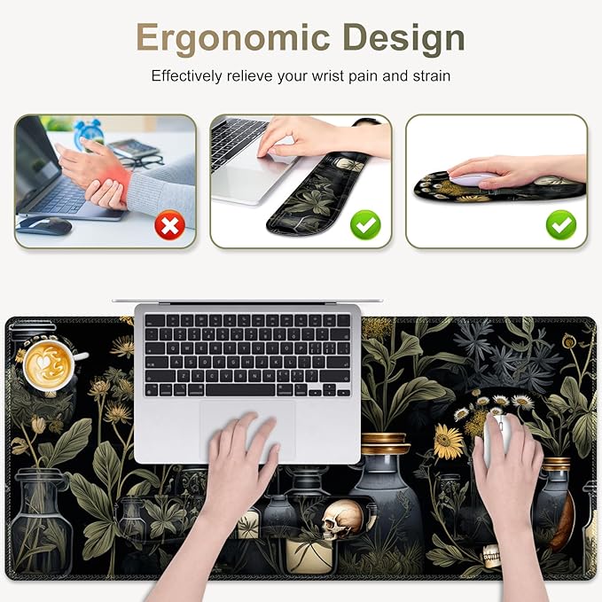 Large Mouse Pad with Wrist Support 4 in1 Set XXL Big Game Mousepad + Keyboard Wrist Rest+Mouse Wrist Rest+Coaster Gaming Mat for Home Office Computer I Black Academia Mystical Green Plant