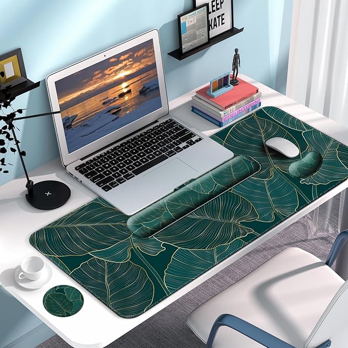 Keyboard Wrist Rest + Mouse Pad with Wrist Support + Desk Mat + Coaster 4 in 1 Set XXL Large Gaming Mousepad Cute Ergonomic Mouse Pads for Desk Computer Laptop Office Decor-Green Leaves