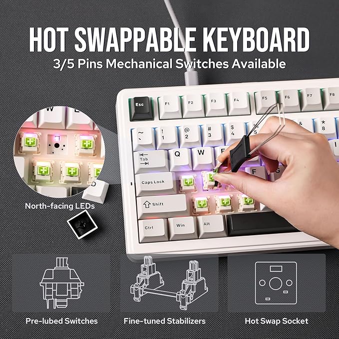 EPOMAKER x Aula F99 Wireless Mechanical Keyboard Hot Swappable Gasket Custom Gaming Keyboard with Five-Layer Padding BT/2.4GHz/USB-C 8000mAh Battery (White Grey Graywood V3 Switch)