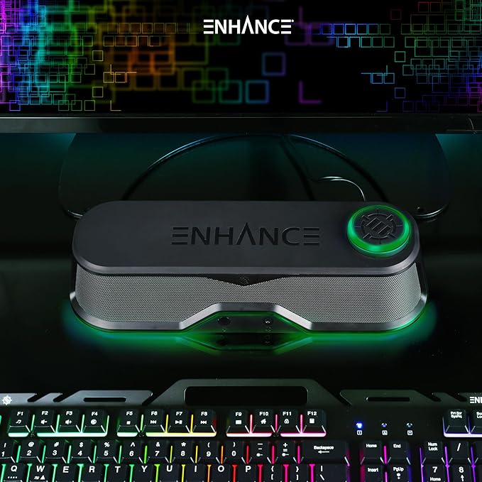 ENHANCE SB1 High Excursion Computer Soundbar - USB Powered Computer Speaker Under Monitor Speaker with 10W Peak LED Volume Control Knob Headset Pass Through Gaming Soundbar for PC