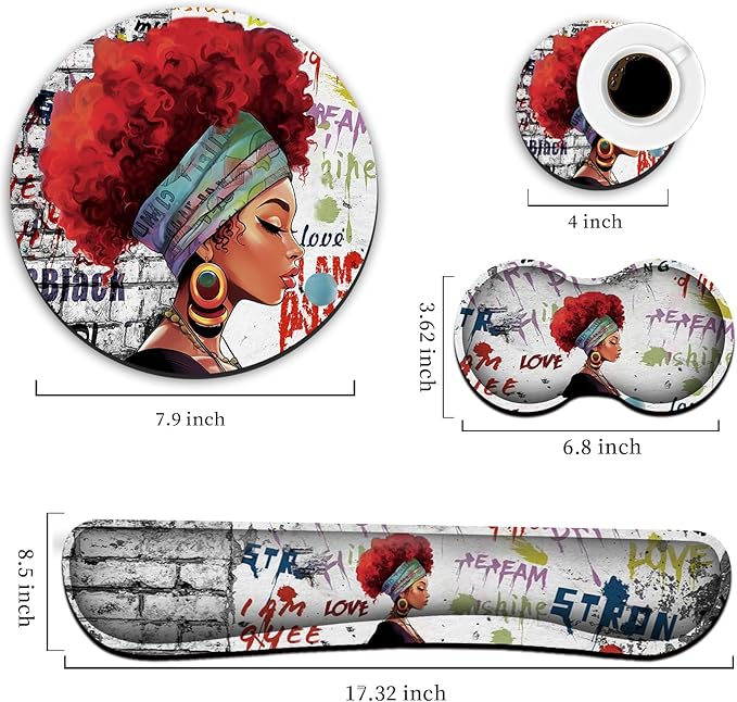 Keyboard Wrist Rest +White Mouse Pad + Mouse Wrist Rest Support Set+ Coaster Ergonomic Memory Foam4Pcs Keyboard Mouse Pad Set for Computer Home &amp Office African Woman Graffiti Girls
