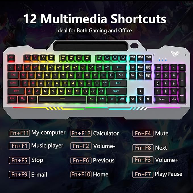 AULA Keyboard T102 104 Keys Gaming Keyboard and Mouse Combo with RGB Backlit Number Pad All-Metal Panel Waterproof Light Up PC KeyboardUSB Wired Computer Keyboards Gaming for Win XP/7/8/10 PC Gamer