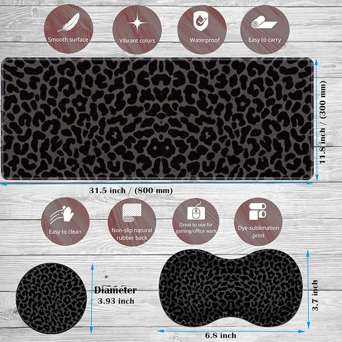 Large Game Mouse Pad + Wrist Support Pad + Coffee Coaster Black Leopard Print Foldable Table Mat with Stitched Edge Non-Slip Set Pad Suitable for Office Work and Home