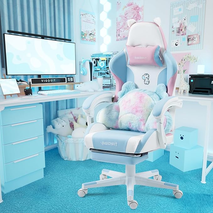 Gaming Chair Cute with Cat Ears Paw Lumbar and CushionErgonomic Computer Chair with FootrestReclining PC Game Chair for Girl Computer Chair 300lbs for Adult (Blue&ampPink)