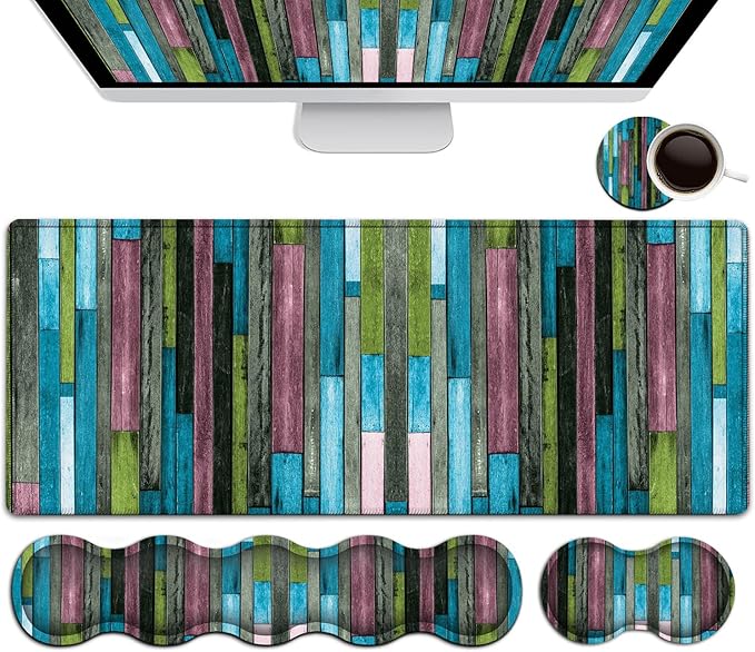 Gaming Mouse Pad Ergonomic Memory Foam Keyboard Wrist Rest Support &amp Non-Slip Mouse Wrist Rest for Laptop Desk Writing Pad Aqua Green Wooden Print Office Desk Mat Extended Large Mouse Pad