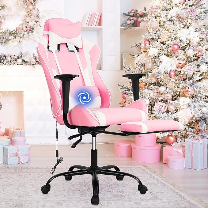 BLKMTY Massage Gaming Chair with Footrest Ergonomic Office Chair Racing Computer Chairs PU Leather with High Back Lumbar Support Headrest Reclining Chairs Pink