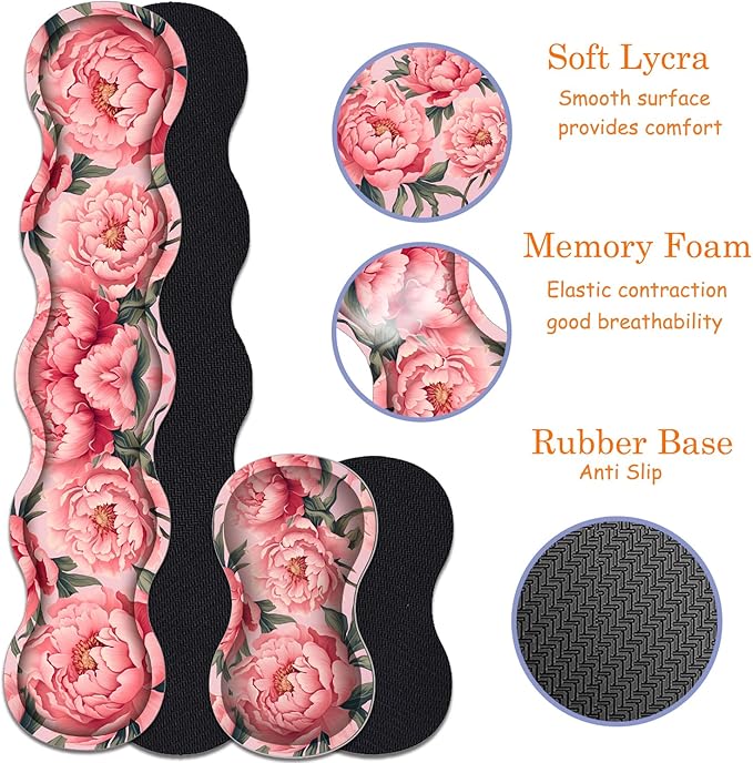 Large Gaming Mouse Pad + Keyboard Wrist Rest + Wrist Support + Coaster Set Memory Foam Ergonomic for Easy Typing XXL Extended Gaming Mouse Pad Table Pad - Art Pink Flowers