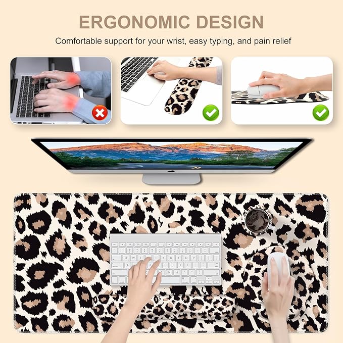 iLeadon Mouse Pad Set Desk Mat + Mouse Pad with Wrist Rest + Keyboard Wrist Rest + Coaster 4in1 Leopard Mouse and Keyboard Pad Set for Home Office Classic Leopard