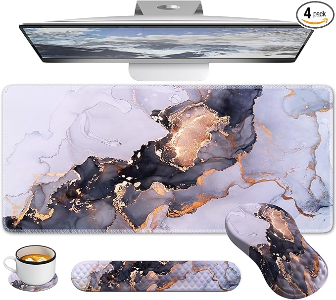 Desk Pad Mat Large Mouse Pad with Wrist Rest Ergonomic Keyboard Wrist Support XXL Carpal Tunnel Mousepad Set with Coaster Computer Keyboard Matt for Laptop Desktop White Gray Marble
