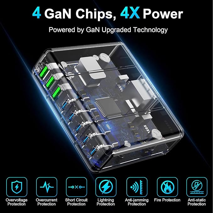 USB C Charger Block 525W 8-Port GaN Fast Charging Station Hub with 100W Cable Dual PD 100W Multi-Device USB C Wall Charger Adapter for iPhone 17 16 15 MacBook Laptop iPad Samsung Galaxy and More