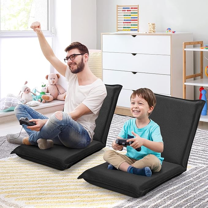MAT EXPERT Adjustable Floor Chair 6-Position Mesh Floor Gaming Chair Folding Lazy Sofa Padded Lounger Recliner Cushioned Floor Chair with Back Support for Reading Meditating (Black)