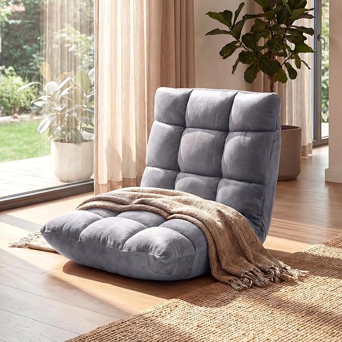COSTWAY Floor Chair Video Gaming Chairs with Back Support Adjustable 14-Position Alloy Steel Frame Lazy Sofa Lounge Recliner for Adults Kids (Silver Grey)