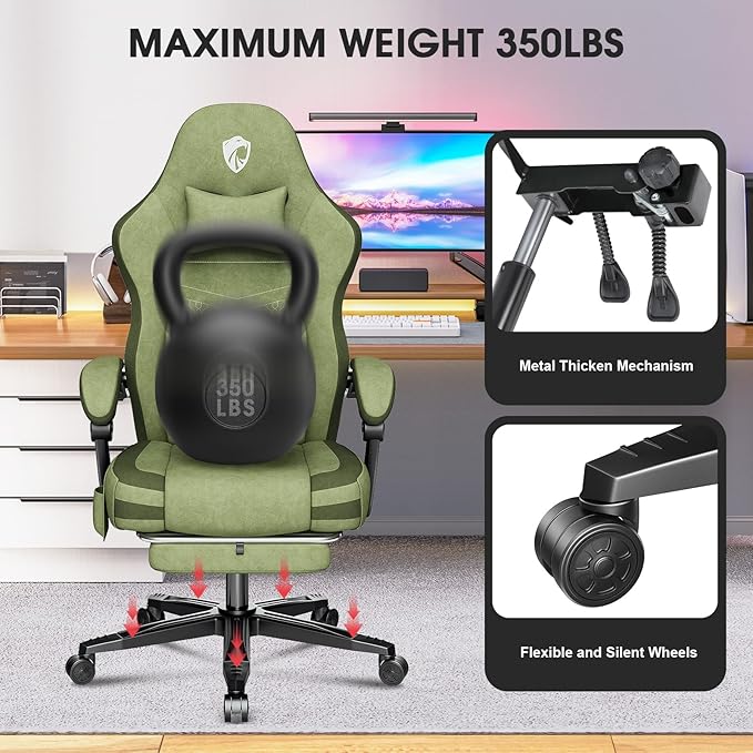 Gaming Chair Fabric Computer Office Chair with Massage Ergonomic Chair with Footrest Lumbar Support Pocket Spring Widened Cushion Metal Legs 350LBS Dark Green