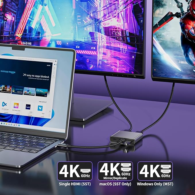 USB C to Dual HDMI Adapter | 4K@60Hz HDMI Splitter Extended Display for Dual Monitors Multi-Monitor Adapter with USB and 100W PD Windows Allows 3 Separate Screens macOS Only Allows Mirror Mode